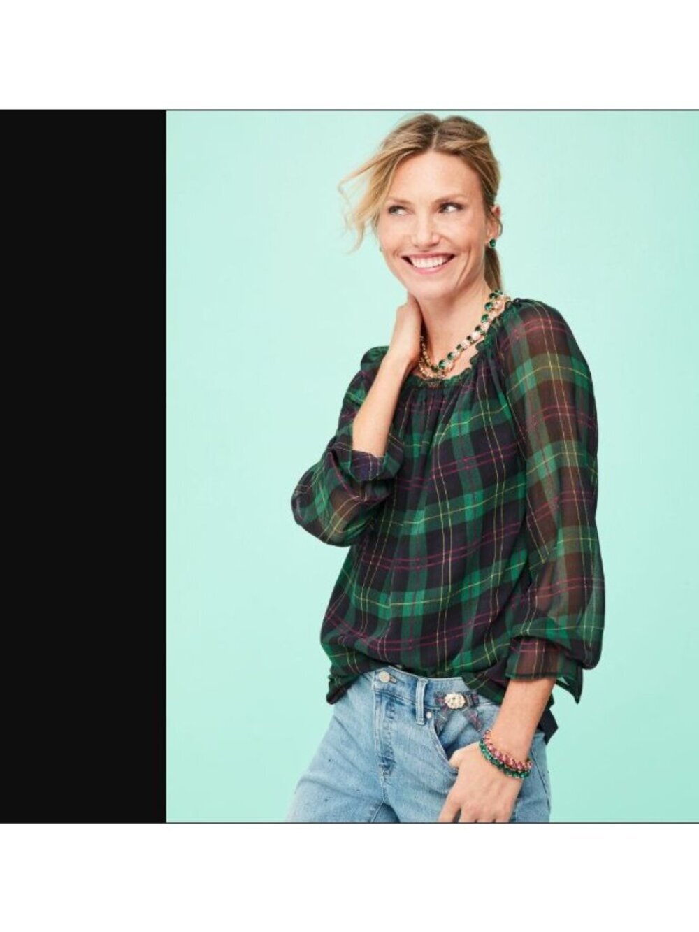 Talbots Tartan Popover Blouse Medium Green Chiffon Preppy Peasant Top
